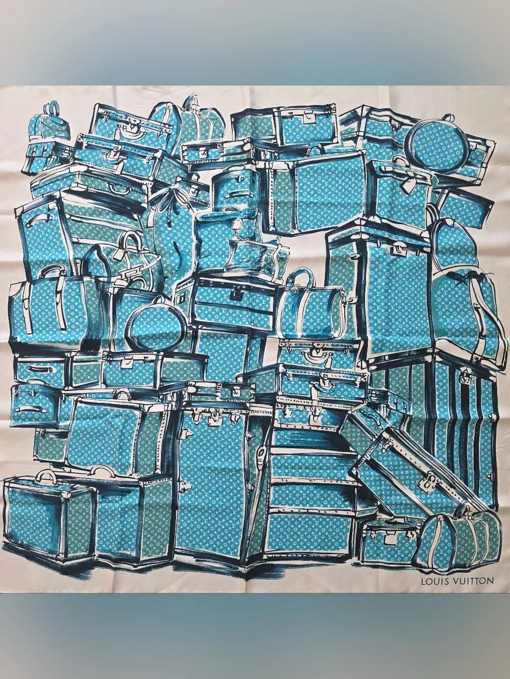 Auth Louis Vuitton Trunk And Luggages Turquoise Silk Scarf